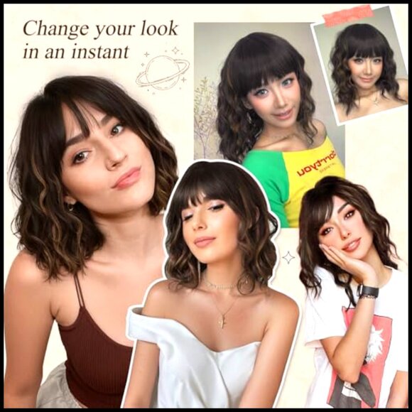 Synthetic Wavy Bob Wig with Bangs Heat Resistant for Daily Party Use main image 6
